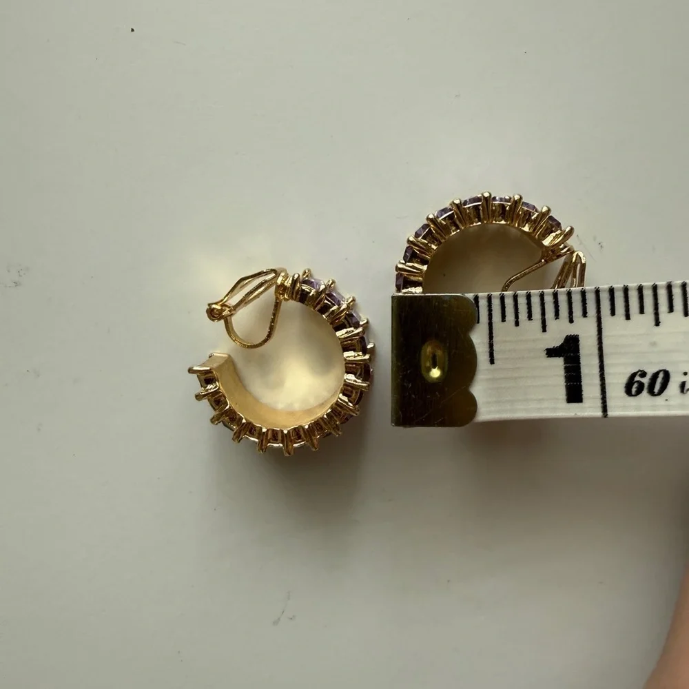 Elegant Gold and Purple Amethyst Hoop Clip On Earrings - Picture 4 of 6